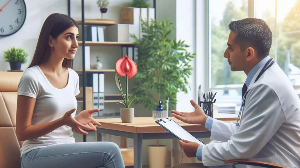a woman, the patient is in a doctors office asking the doctor a question about her possible uti