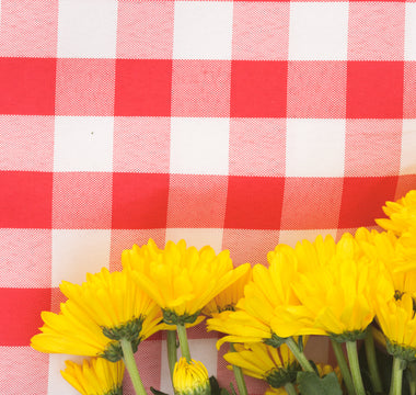 image of bright yellow flowers on a picnic blanket